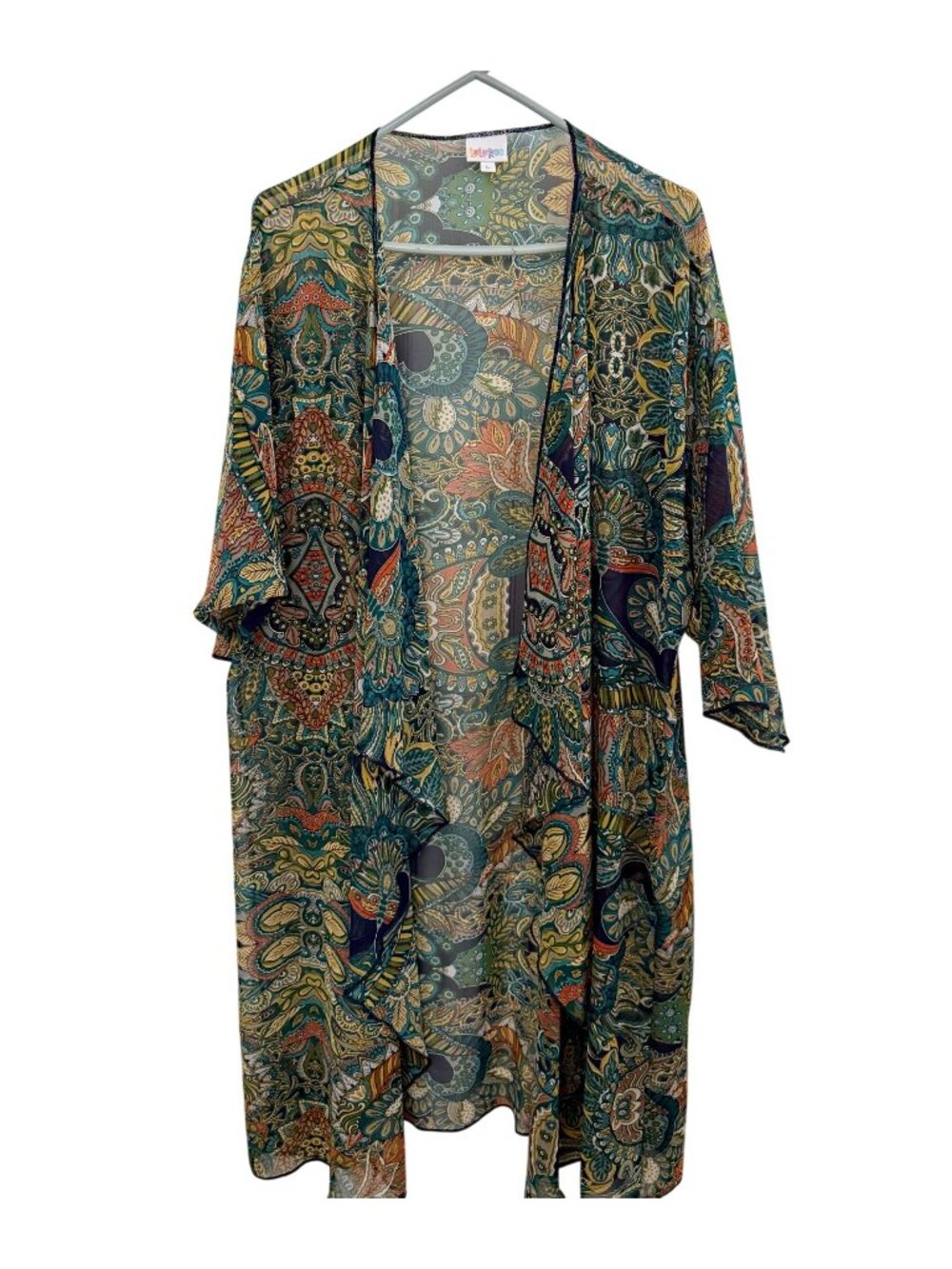 Lularoe Shirley Long Green Paisley Mandala Sheer Kimono Sz L Boho
